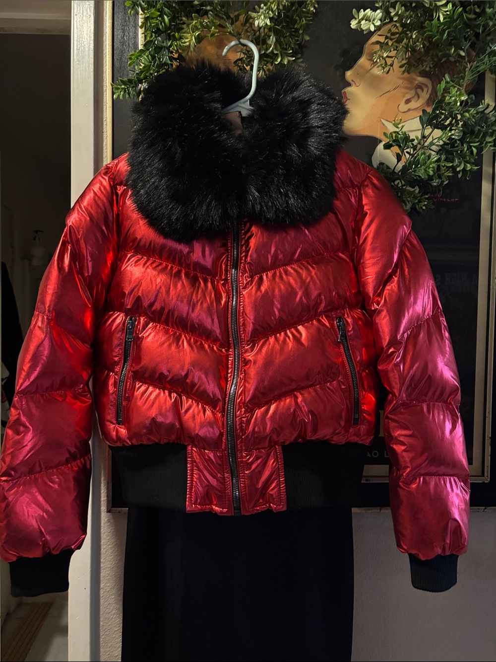 Jordan Craig Red Metallic Puffer Jacket with Black Fur Collar (Unisex) - Picture 2 of 11